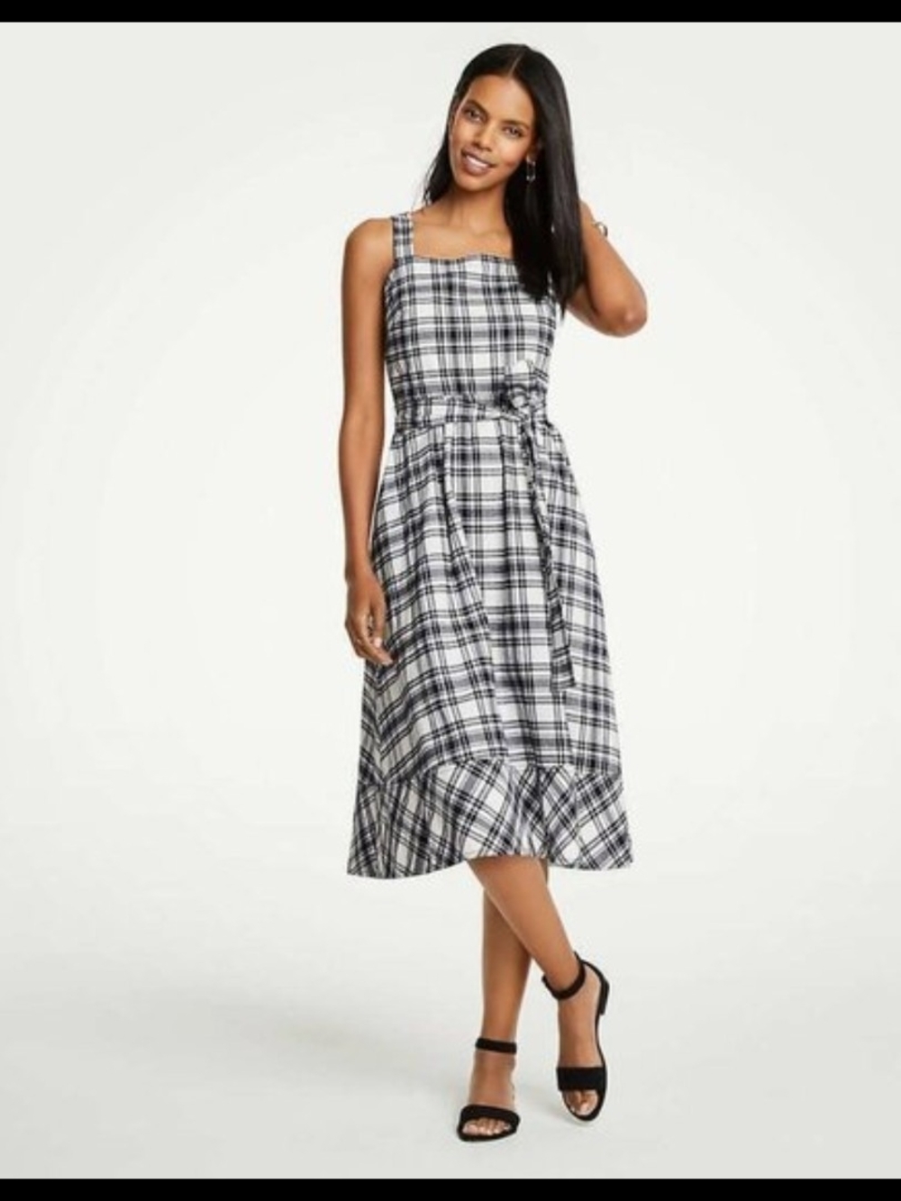 Ann Taylor Navy Blue Plaid Midi Dress with Tie Waist
